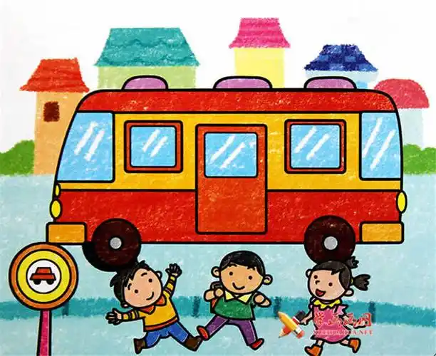 交通工具油画棒,儿童画公交车