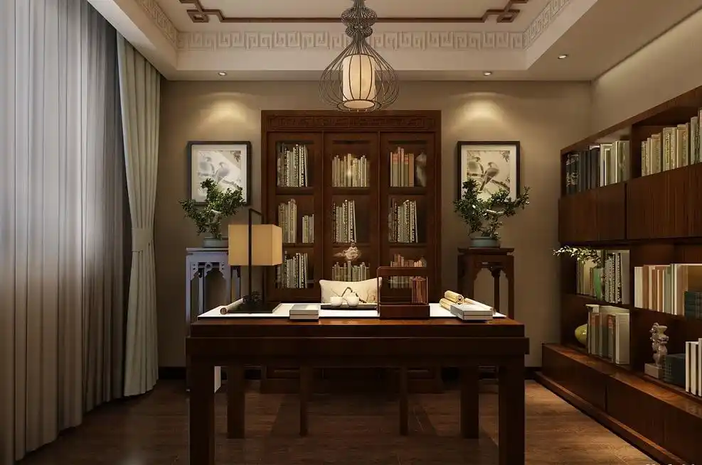 书籍装满柜子,满满当当,中式元素的装饰,让书房更古色古香