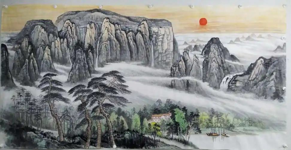 《旭日东升》大型厅堂风水画作品寓意诠释 创作步骤图