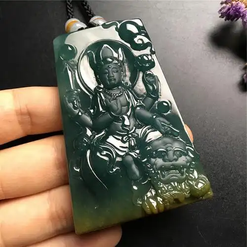 冰糯种蓝水文殊菩萨天然翡翠吊坠