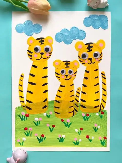 可可爱爱的小老虎一家简单好学儿童水粉画