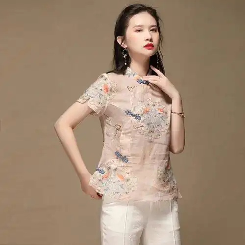 苎麻花环复古短袖改良唐装上衣女春夏女装立领国风修身上衣女