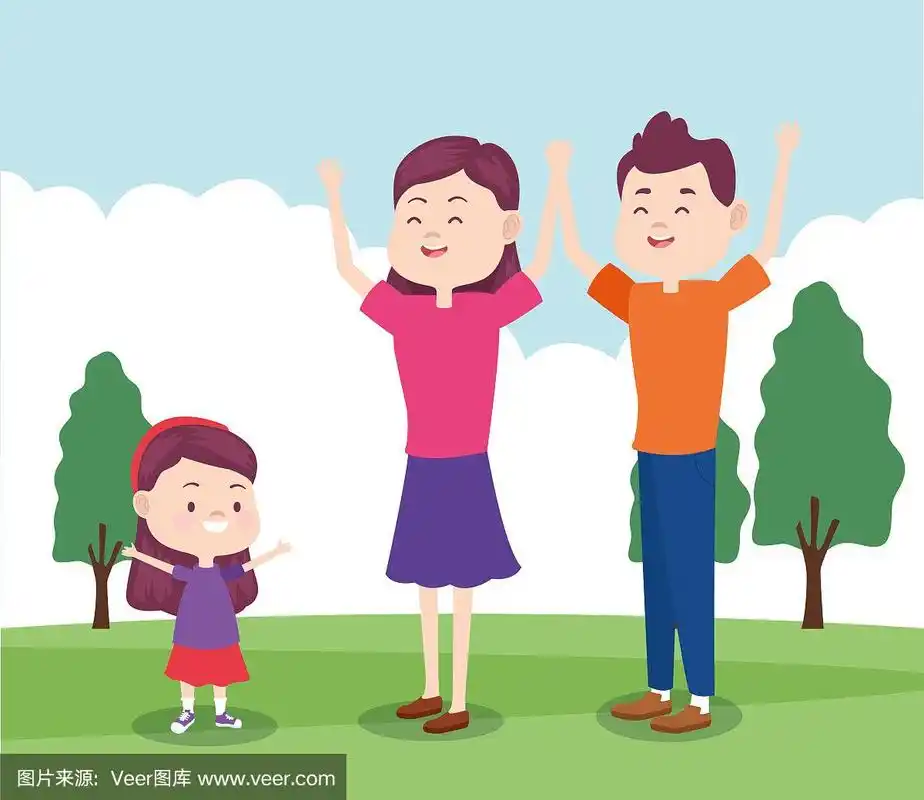 卡通快乐的爸爸妈妈和他们的女儿在公园