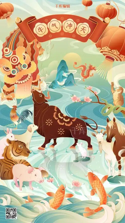 2021牛年牛气冲天中式风喜庆插画