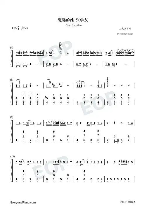 遥远的她-张学友双手简谱预览1