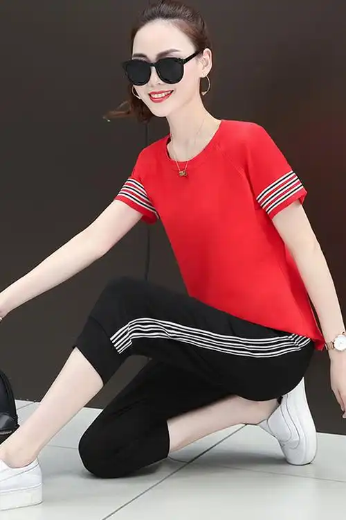 夏季新款时尚七分裤套装新品女大码时尚圆领运动套装条纹拼接套装
