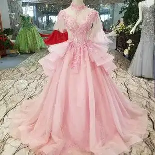 lss144 高领粉色立体花朵新娘婚纱礼服结婚敬酒服齐地绑带礼服裙