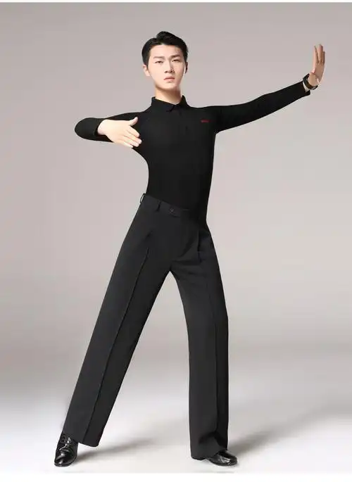 服装成人拉丁舞长袖秋摩登舞上衣国标舞练功服男士罗纹衬衣领棉长袖厚