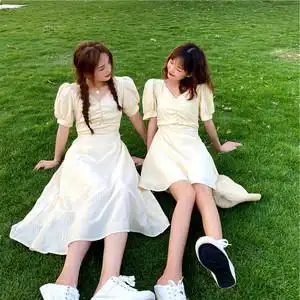 闺蜜装夏款长裙显瘦显高连衣裙姐妹装修身长裙气质显身材一长一短