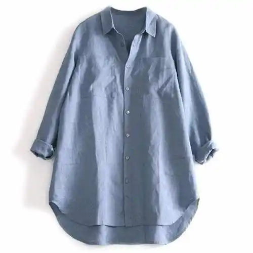 无印良品muji日本本日外贸出口女装亚麻中长衬衫棉麻衬衫