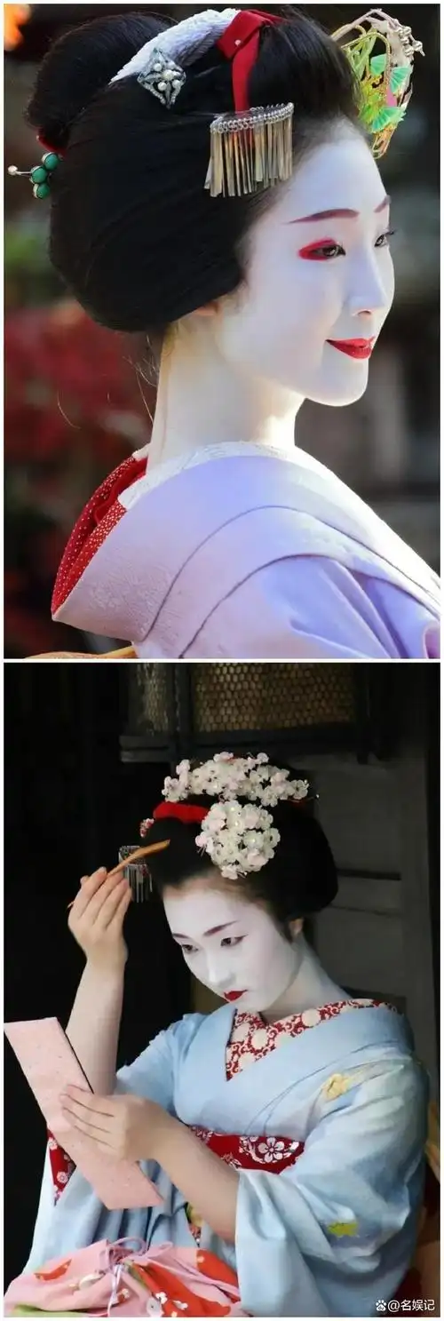 例如,她们穿着日本传统和服,梳着传统发型和白色脸庞的妆容