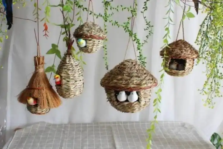鸟窝草编幼儿园空中系角树枝草窝羽毛空中吊饰
