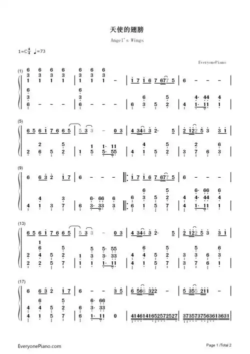 天使的翅膀-优美简单版-钢琴谱文件(五线谱,双手简谱,数字谱,midi,pdf