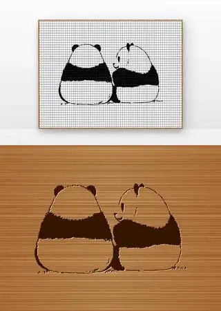 两只熊猫背影黑白矢量雕刻图