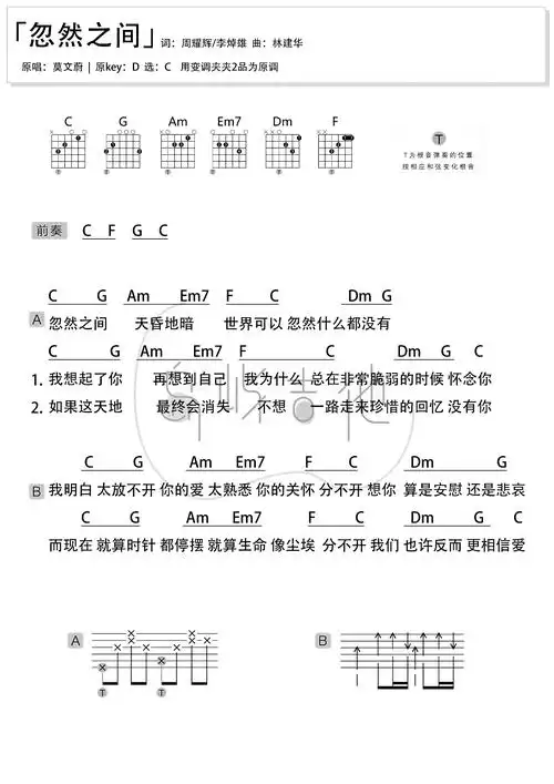 忽然之间吉他谱_莫文蔚_c调简单入门版_吉他弹唱教学视频