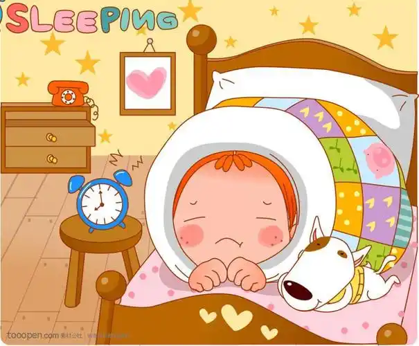 韩国卡通胖女孩躲在被窝里的卷发娃娃和小狗