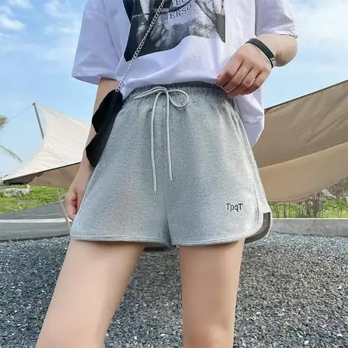 2022灰色运动短裤女夏新款外穿棉休闲跑步高腰阔腿裤宽松显瘦热裤