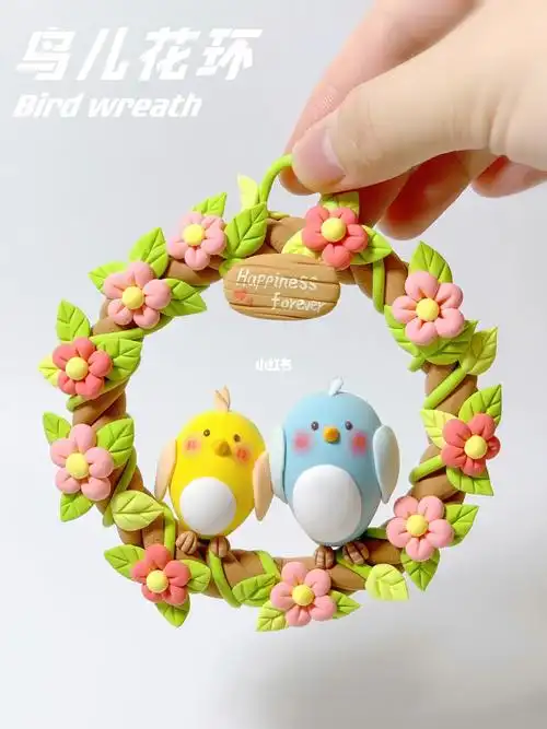 超轻粘土教程鸟儿花环小挂饰