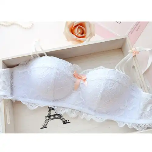 性感内衣套装少女士无钢圈文胸拢小胸收副乳蕾丝上托半杯胸罩白色36=