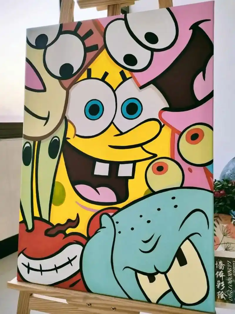 丙烯画|海绵宝宝|线稿教程|装饰画  尺寸:50cm*70cm 材料:丙烯,布面