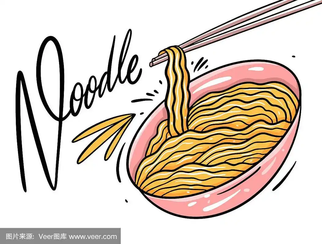 粉色碗里的亚洲面条.手绘矢量插图.孤立在白色背景上.卡通风格.