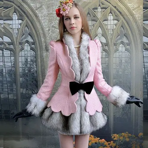 5折粉红大布娃娃秋冬新款粉色花瓣边修身毛领羊毛呢大衣外套促