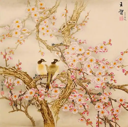 高清素材四尺斗方梅花工笔画小鸟