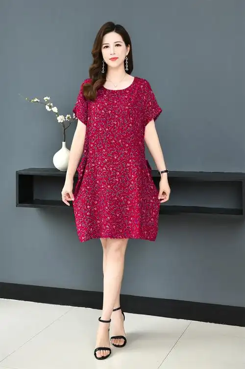 中老年女装夏棉绸连衣裙200斤中长款加肥大宽松胖妈连衣裙