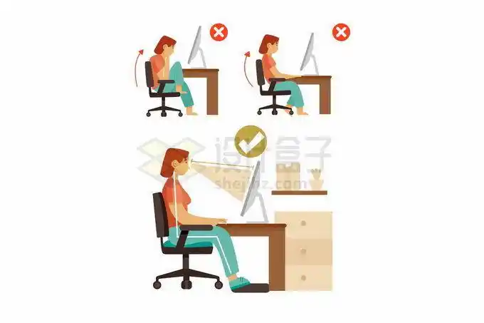 卡通女孩用电脑时的错误和正确坐姿3914475矢量图片免抠素材免费下载