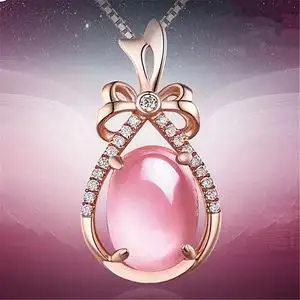 韩版新款玫瑰金天然芙蓉石吊坠 微镶 彩色宝石粉水晶热卖女士项链