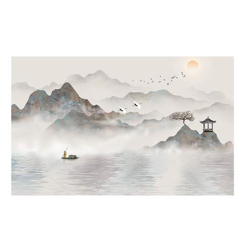 墙纸新中式3d立体水墨山水画电视背景墙壁纸客厅壁布影视墙布壁画