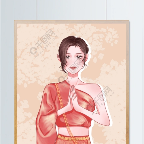 泰国美女人物女孩服饰华丽美丽红色手绘插画