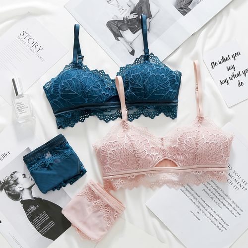 法式蕾丝超薄款内衣套装女无钢圈大胸显小聚拢文胸性感美背小胸罩
