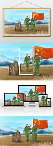 戍边战士站岗保卫祖国边疆插画