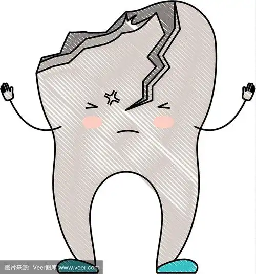 彩色蜡笔剪影的卡通牙齿断裂