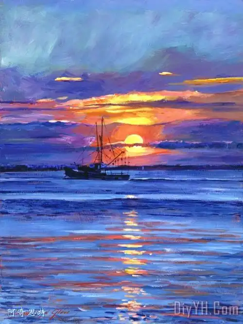 鲑鱼拖网渔船在日出装饰画