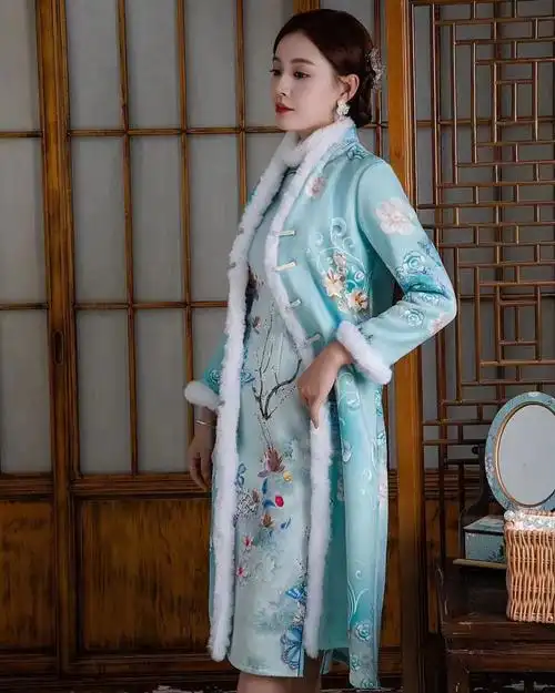旗袍外套外搭长款风衣开衫冬季加厚加绒2023年新款大码中国风大衣
