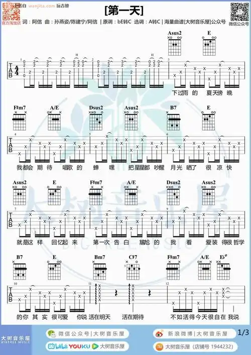 第一天吉他谱_孙燕姿_a调六线谱_《第一天》吉他弹唱教学/示范-钢琴谱