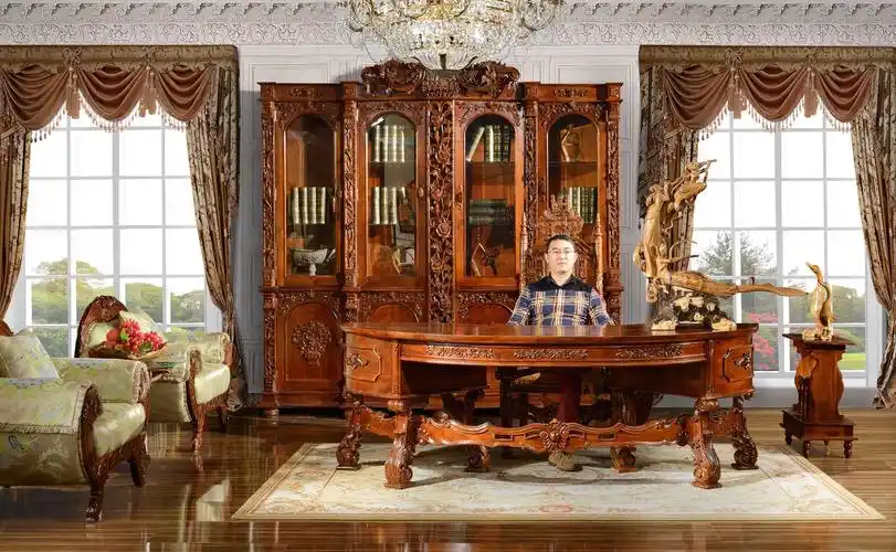 柚木纯实木欧式家具厂家直销书柜书桌书椅三件套