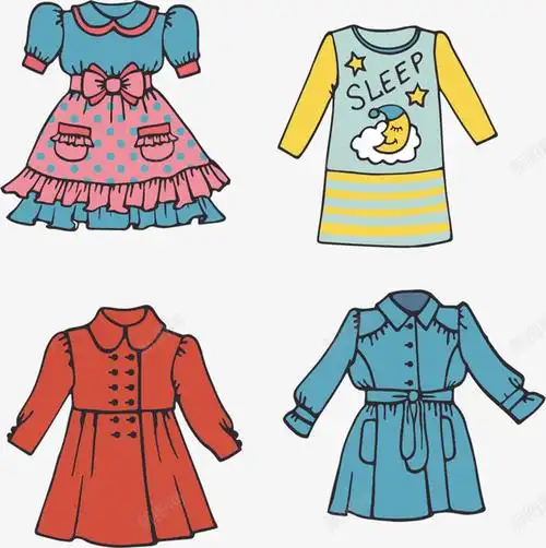 儿童 儿童连衣裙 卡通 四款 彩色 手绘 漫画衣服 矢量图 衣服 裙子