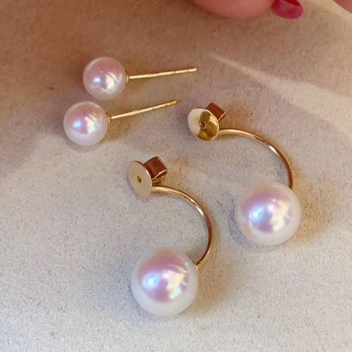 淡水真珍珠耳钉耳环大小上下双珠9-10正圆正品强光女礼物s925银