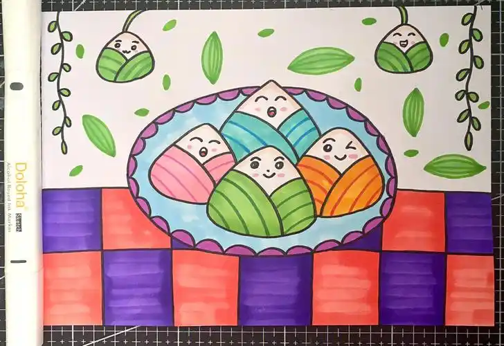 粽子儿童画马克笔画