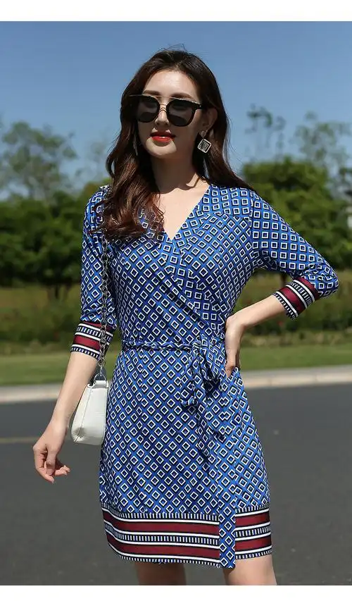 魅斑夏季新款欧美女装菱形印花修身高腰显瘦度假裹身连衣裙女蓝色方块