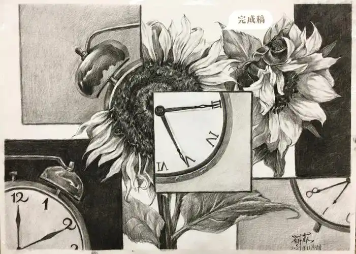 大一原创设计素描向日葵与钟74