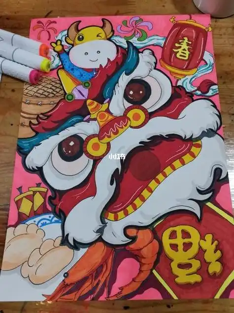 记录第一幅马克笔牛年春节主题手绘_手绘_马克笔_美术_人文_绘画春节