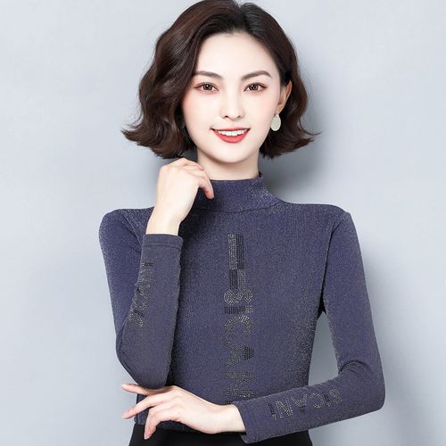 高领加绒打底衫女秋冬百搭长袖亮丝上衣新款洋气内搭显瘦网纱t恤