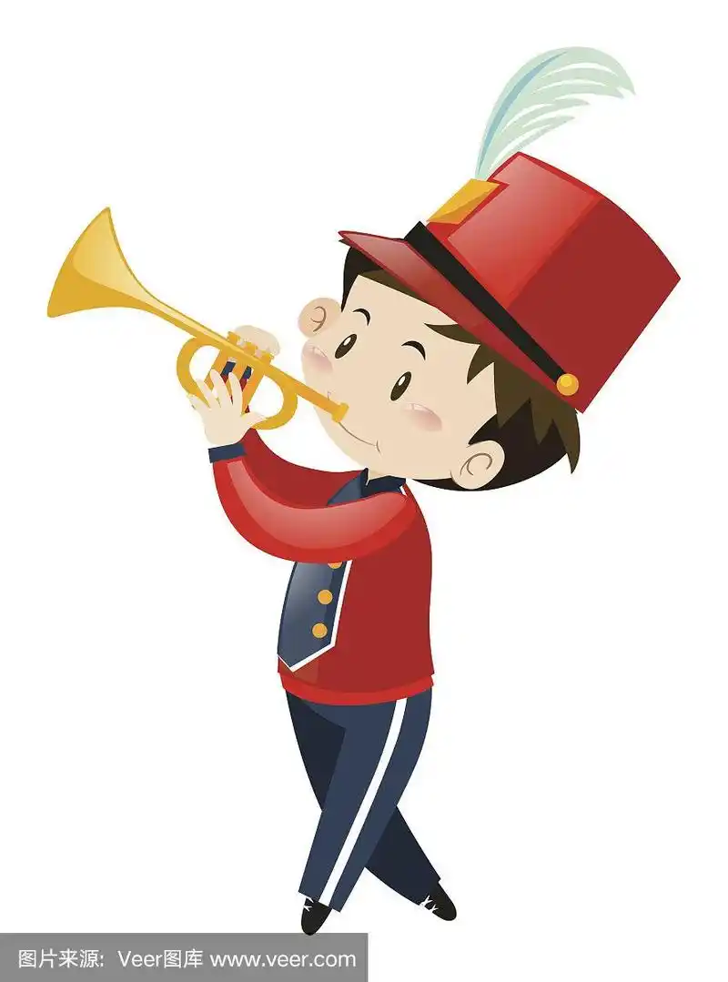 男孩穿着红色乐队制服,带着小号