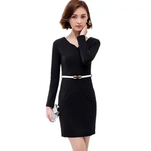 职业装连衣裙女长袖时尚气质工装通勤简约黑色正装工作服显瘦裙子