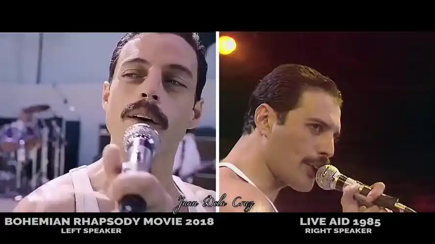 奥斯卡最佳男主波西米亚狂想曲高潮部分与1985原唱女王现场援助对比