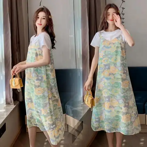 孕妇装夏装短袖上衣碎花雪纺吊带裙2021新款夏季孕妇连衣裙潮妈